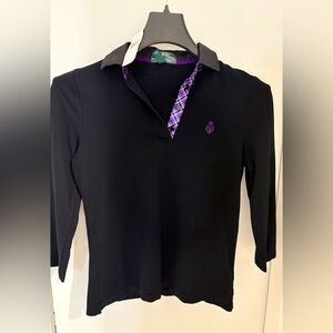 NWT Ralph Lauren LRL Lauren Active  Black Polo /Sleeves Black and Purple Accents